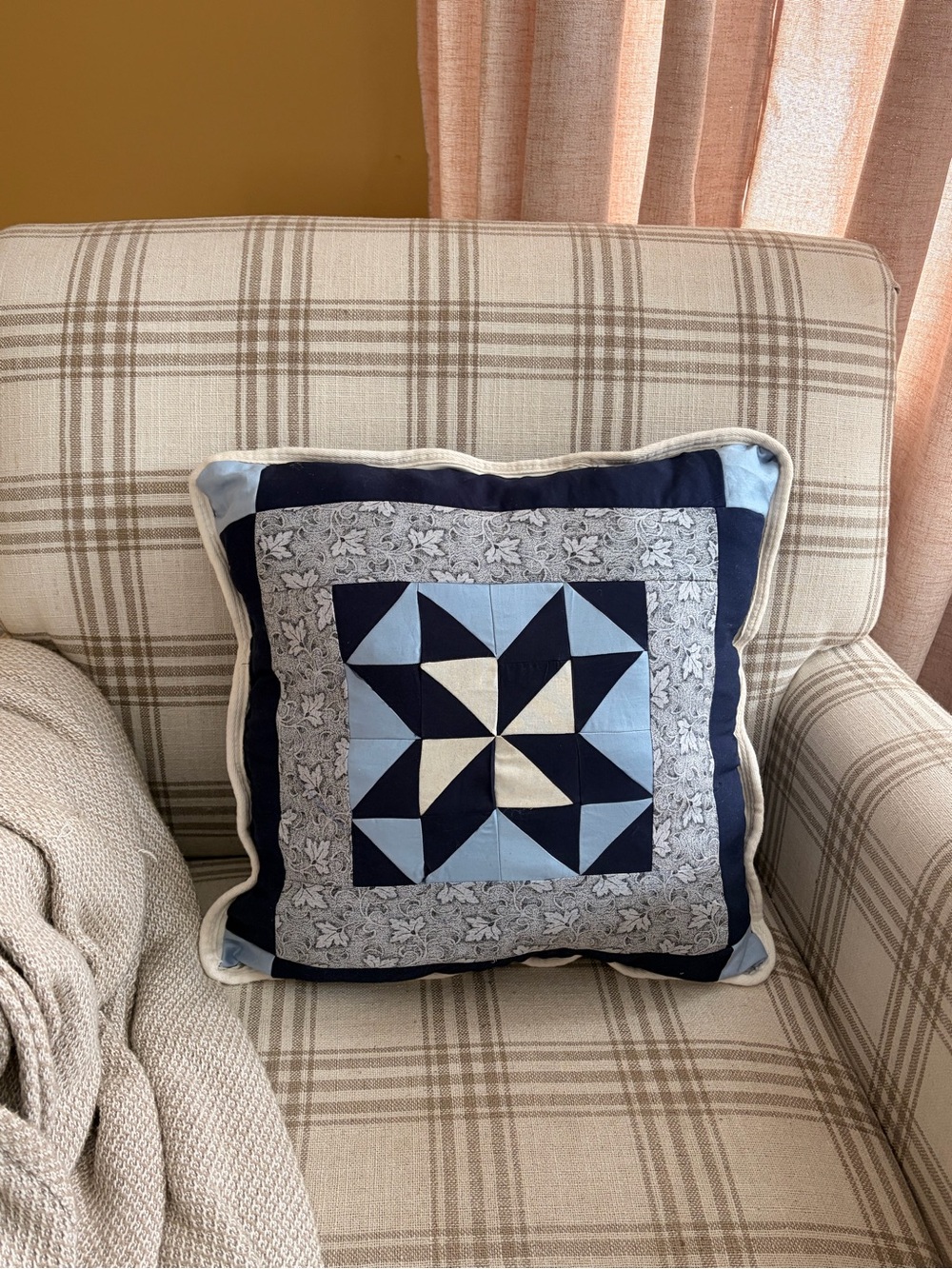 Heirloom Patchwork Quilt Throw Pillow in Navy, Light Blue, and Cream